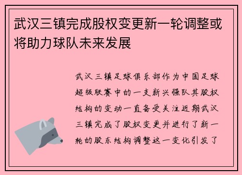 武汉三镇完成股权变更新一轮调整或将助力球队未来发展